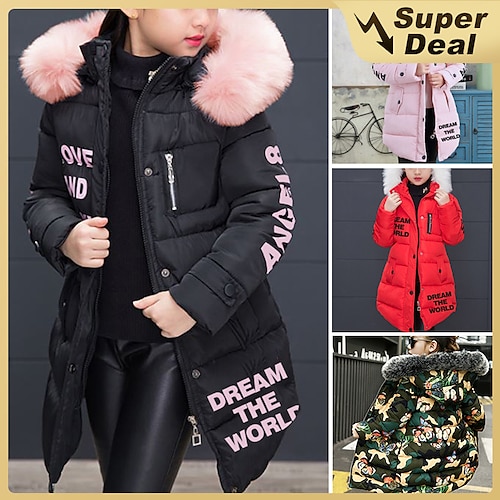 

Kids Girls' Trench Coat Down Coat Outerwear Letter Long Sleeve Zipper Coat School Cotton Basic Green Black Pink Winter 4-12 Years