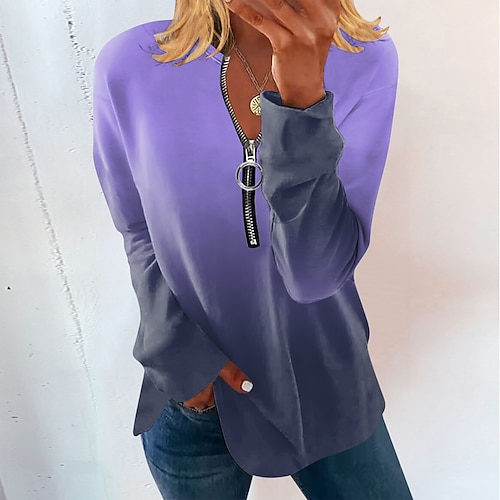 

Per donna maglietta Vino Blu Viola Colore graduale e sfumato Chiusura lampo quarto Stampa Manica lunga Giornaliero Fine settimana Essenziale Rotonda Standard Pittura S