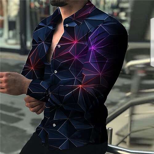 

Men's Shirt Abstract Graphic Prints Geometry Turndown Green Purple 3D Print Outdoor Street Long Sleeve Button-Down Print Clothing Apparel Fashion Designer Casual Soft