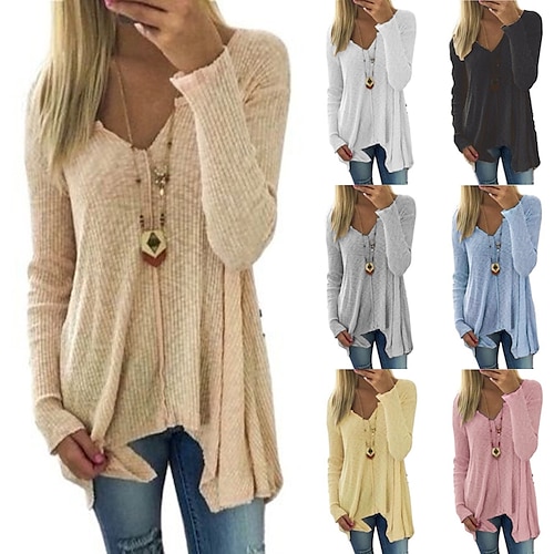 

Women's Pullover Sweater Knitted Solid Color Basic Casual Long Sleeve Sweater Cardigans V Neck Fall Winter Spring Blue Blushing Pink Gray