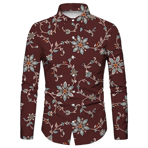 

Men's Shirt Floral Graphic Prints Turndown Green Wine 3D Print Outdoor Street Long Sleeve Button-Down Print Clothing Apparel Fashion Designer Casual Soft