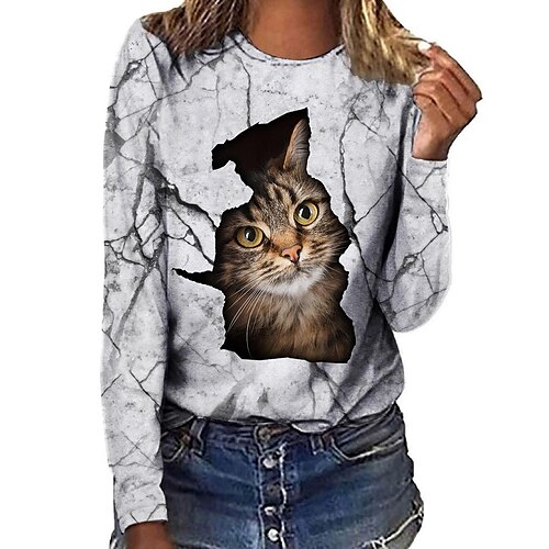 

Mulheres Camiseta Azul Cáqui Cinza Claro Gato 3D Imprimir Manga Longa Diário Final de semana Básico Decote Redondo Padrão Gato 3D Pintura S