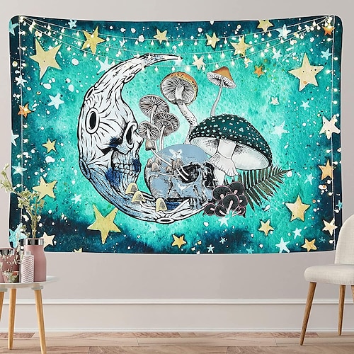 

Skull Moon Tapestry Blue Starry Sky Stars Skeleton Wall Hanging Home Bedroom Living Room Decoration