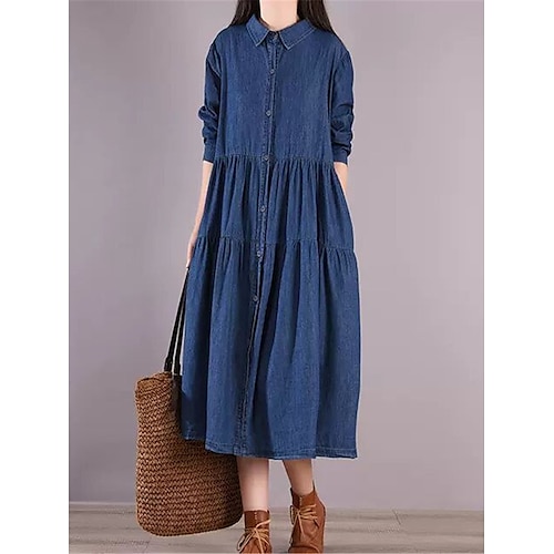 

Mulheres Vestido Jeans Vestido casual Vestido de turno Vestido maxi longo Denim Moda Casual Ao ar livre Diário Para Noite Colarinho de Camisa Botão Bolsos Manga Longa Verão Primavera Outono 2023