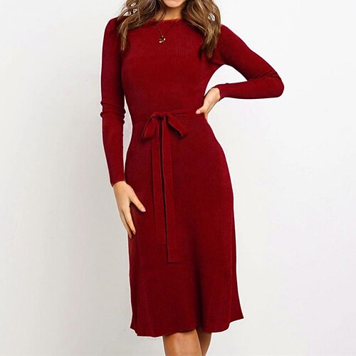 

Women's Casual Dress T Shirt Dress Tee Dress Shift Dress Midi Dress Black Wine Long Sleeve Pure Color Lace up Winter Fall Spring Crew Neck Fashion Daily 2023 S M L XL