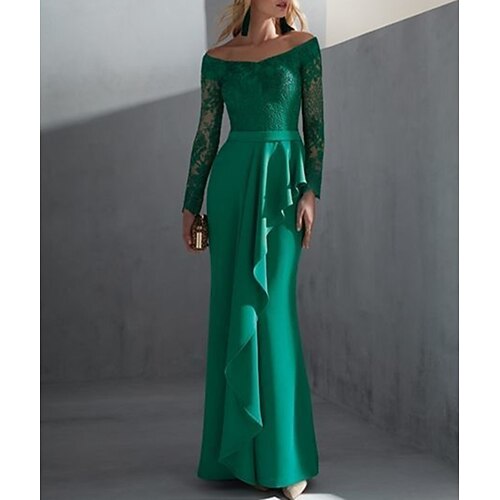 

Havfrue Kjole til brudens mor Bryllupsgæst Enkel Elegant Skulderfri Gulvlang Chiffon Blondelukning Langærmet med Draperet Applikeret broderi 2023