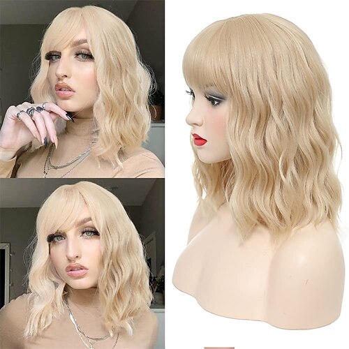 

kort bølget bob parykk med smell blonde bob parykker for kvinner skulderlengde syntetiske blonde parykker naturlig utseende fargede parykker for daglig fest cosplay