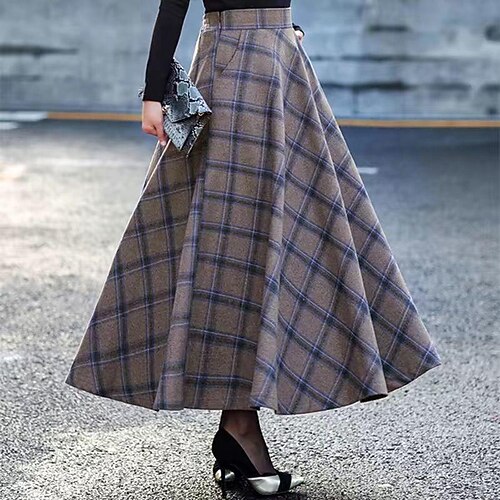 

Women's Swing Long Skirt Maxi Polyester Blue Dark Grey Dark Blue Grey Skirts Pocket Print Long Office / Career Date S M L