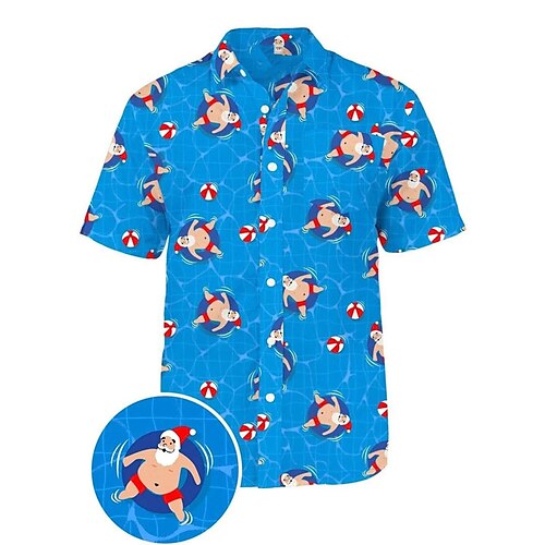 

Men's Shirt Santa Claus Graphic Prints Turndown Blue 3D Print Outdoor Street Short Sleeves Button-Down Print Clothing Apparel Fashion Designer Casual Soft