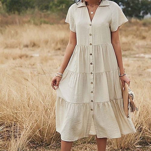 

Women's Shirt Dress Casual Dress Linen Dress Midi Dress Blue Apricot Short Sleeve Pure Color Ruched Summer Spring Shirt Collar Fashion Vacation 2023 S M L XL