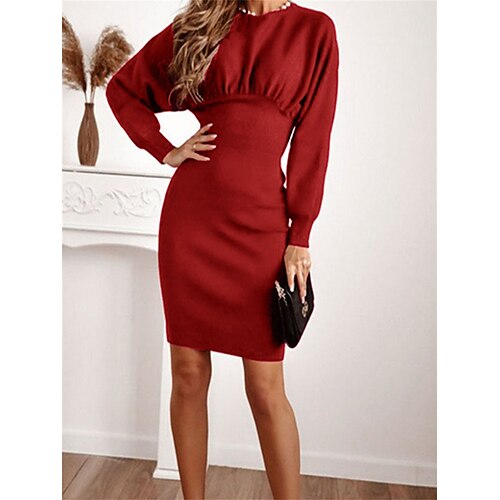 

Women's Casual Dress Bodycon Sheath Dress Mini Dress Black Red Long Sleeve Pure Color Ruched Winter Fall Spring Crew Neck Fashion Daily Fall Dress Spring Dress 2023 S M L XL 2XL 3XL