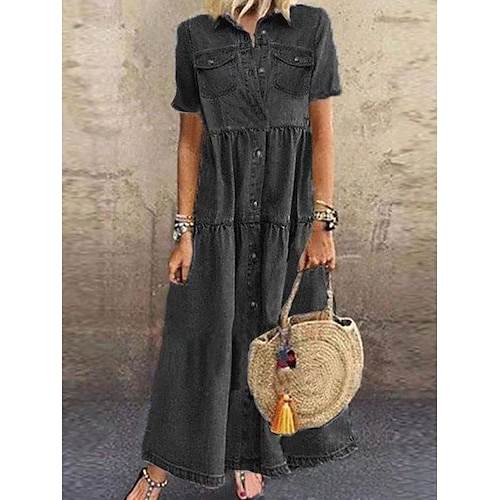 

Women's Casual Dress Denim Dress Long Dress Maxi Dress Black Light Blue Short Sleeve Flower Button Winter Fall Spring Shirt Collar Fashion Daily 2023 S M L XL XXL 3XL 4XL 5XL