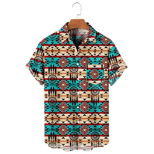 

Men's Shirt Tribal Graphic Prints Geometry Turndown Blue 3D Print Outdoor Street Short Sleeves Button-Down Print Clothing Apparel Vintage Designer Ethnic Style