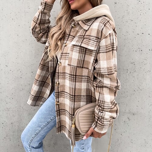 

Women's Shacket White Brown Plaid Button Pocket Long Sleeve Casual Basic Shirt Collar Regular Cotton S