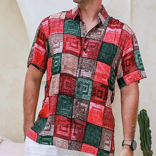 

Men's Shirt Graphic Prints Vintage Geometry Turndown Fuchsia Outdoor Street Short Sleeves Button-Down Print Clothing Apparel Tropical Fashion Designer Hawaiian