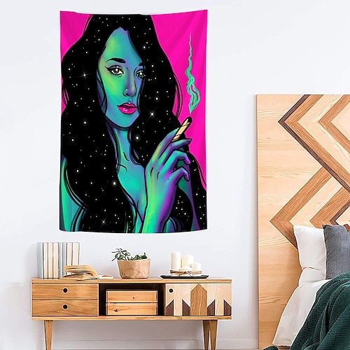 

Funny Personality Smoking Girl Tapestry Illustration Art Blanket Curtain Family Bedroom Living Room Decoration