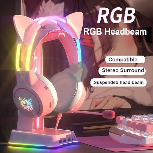 

RGB Light Gamer Headset Cat Ear Gaming Headphones With Microphone HD Noise Reduction Over-ear Head Beam For PC Computer Laptop