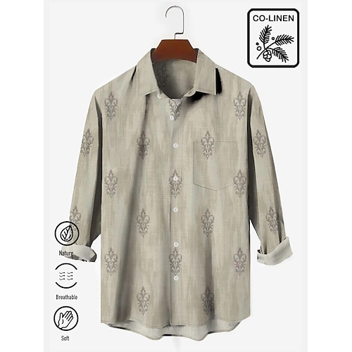 

Camisa de manga larga con estampado de lirios de textura retro para hombre, camisa cómoda de lino y algodón de talla grande