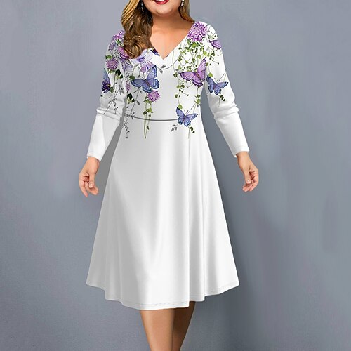 

Women's Casual Dress Work Dress Swing Dress Midi Dress Black White Wine Long Sleeve Floral Print Winter Fall Spring V Neck Fashion Office Daily Weekend 2022 S M L XL 2XL 3XL 4XL 5XL 6XL