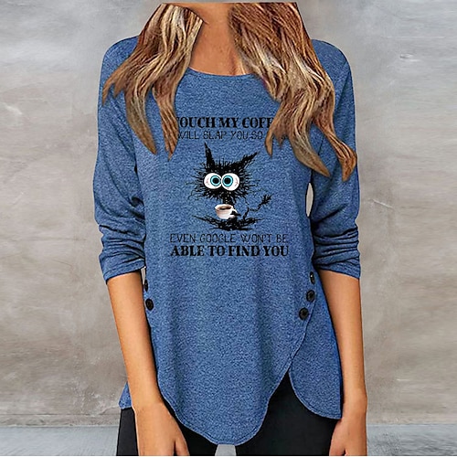 

T shirt Tee Femme Bleu Vert Gris Chat Lettre Bouton Asymétrique manche longue Casual Vacances basique Décontractées Col Rond Normal Standard S