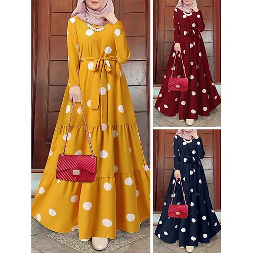 

Women's Kaftan Dress PolkaDotDress Vintage Dress Long Dress Maxi Dress Yellow Wine Navy Blue Long Sleeve Polka Dot Lace up Winter Fall Spring Crew Neck Muslim Vacation Weekend 2023 S M L XL XXL