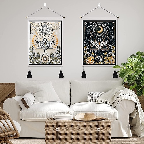 

Pack of 2 Tarot Divination Woven Bohemian Wall Tapestry Nordic Cotton Linen Tassel Art Decor Blanket Curtain Hanging Home Bedroom Living Room Decoration Moon Sun Butterfly 14 x 20