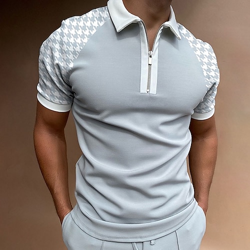 

Men's Polo Golf Shirt Casual Gym Quarter Zip Short Sleeve Sportswear Plaid Houndstooth Zipper Quarter Zip Spring & Summer Slim Black White Wine Sky Blue Light Grey Dark Blue Polo