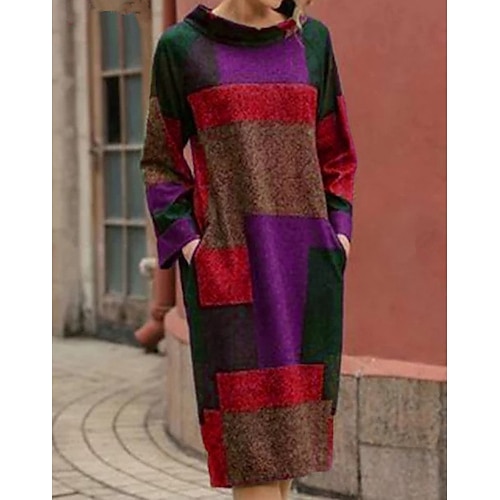 

robe décontractée femme robe droite robe vintage mini robe rouge violet vert manches longues géométrique poche hiver automne printemps col haut basique quotidien week-end 2023 style m l xl 2xl