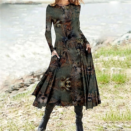 

Women's Casual Dress Swing Dress Midi Dress Royal Blue Blue Grey Long Sleeve Floral Pocket Winter Fall Spring Crew Neck Fashion Daily Weekend 2022 S M L XL XXL 3XL