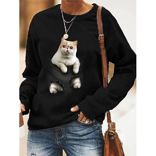 

Women's T shirt Tee Black White Cat 3D Print Long Sleeve Daily Weekend Basic Round Neck Regular 3D Cat Painting S