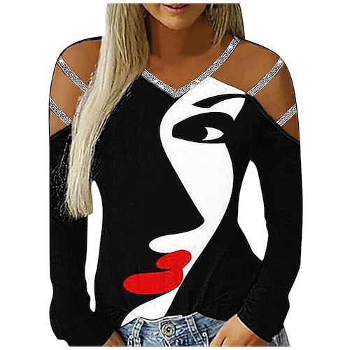 

Women's Shirt Going Out Tops Blouse Concert Tops Black White Yellow Abstract Portrait Cut Out Print Long Sleeve Casual Holiday Basic V Neck Regular Portrait S