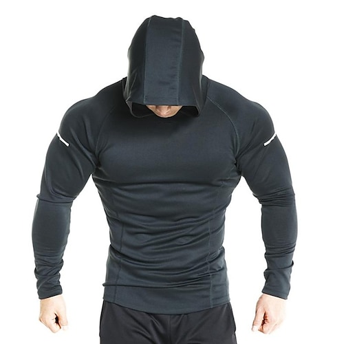 

herre sweatshirt med hætte reflekterende strimmel langærmet top atletisk v-hals spandex hurtigtørrende svedtransporterende dri-fit fitness fitnesscenter træning løb sportstøj aktivt tøj