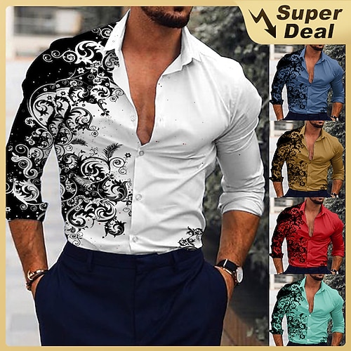 

Men's Shirt Floral Print Long Sleeve Button-Down Tops Turndown Green Black Blue Red Brown Daily Holiday Fashion Casual Breathable