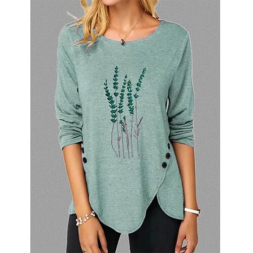 

Women's T shirt Tee Blue Purple Green Floral Print Long Sleeve Holiday Weekend Basic Round Neck Regular Floral Painting S
