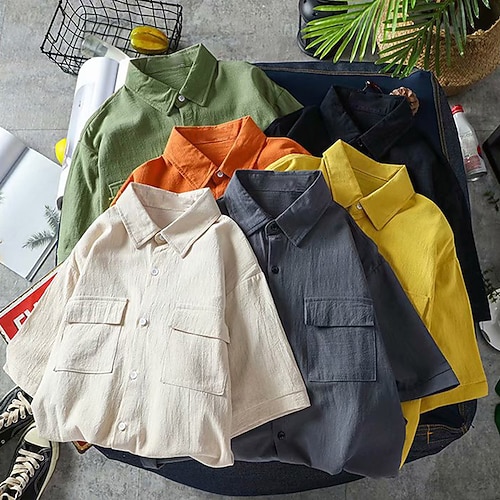 

Men's Linen Shirt Plain Turndown Black White Yellow Blue Orange Outdoor Street Short Sleeve Button-Down Clothing Apparel Fashion Streetwear Casual