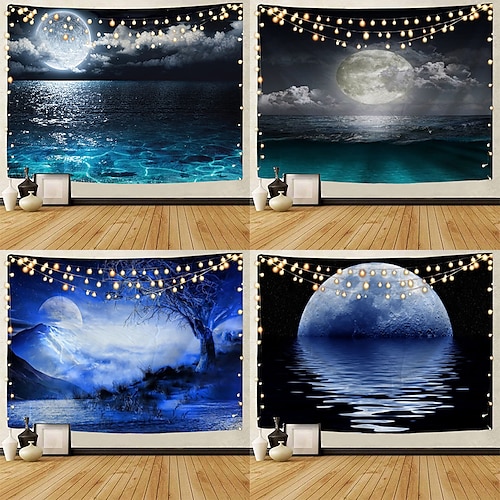 

luna mare cielo grande arazzo da parete decorazione artistica tenda coperta tovaglia da picnic appesa casa camera da letto soggiorno dormitorio decorazione paesaggio notte piena oceano nuvola stella