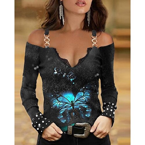 

Mulheres Camisa Social Saindo tops Blusa Tops de concerto Preto Vermelho Azul Borboleta Com Corte Guarnição do laço Manga Longa Casual Básico Decote V Padrão Borboleta S