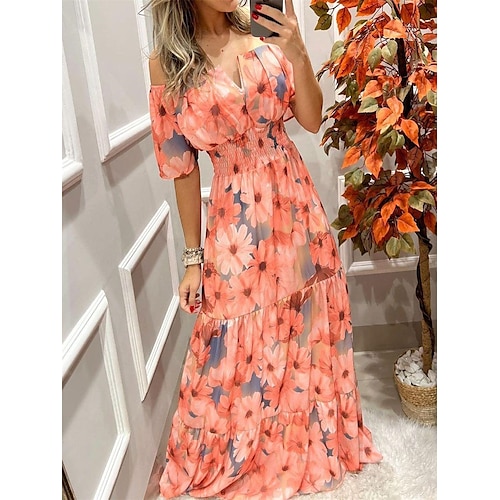 

Women's Casual Dress Swing Dress Floral Dress Long Dress Maxi Dress White Pink Red Short Sleeve Graphic Print Fall Spring Summer V Neck Fashion Daily Date Vacation 2023 S M L XL 2XL 3XL