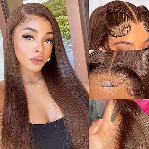 

16 in chchocolate parrucca anteriore in pizzo marrone capelli umani parrucche diritte marrone scuro per le donne 13x4 hd frontale in pizzo trasparente parrucche colorate capelli umani parrucca