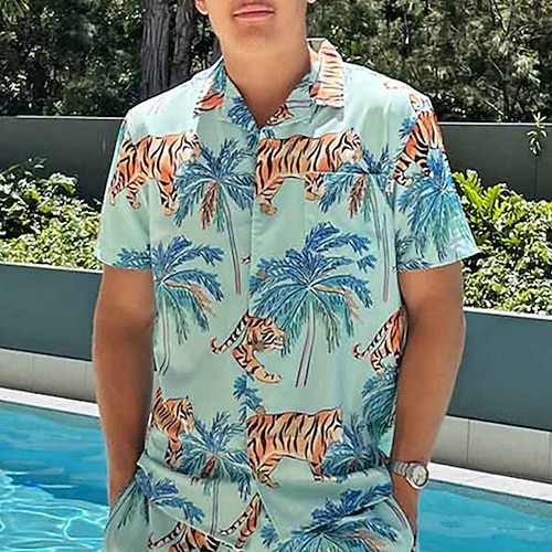 

Men's Shirt Summer Hawaiian Shirt Tiger Coconut Tree Graphic Prints Turndown Blue Casual Going out Short Sleeves Button-Down Print Clothing Apparel Tropical Hawaiian Designer Casual