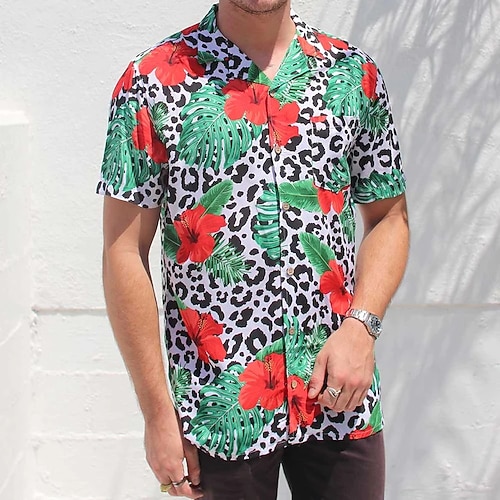 

Men's Shirt Summer Hawaiian Shirt Leopard Graphic Prints Leaves Turndown White Casual Going out Short Sleeves Button-Down Print Clothing Apparel Tropical Hawaiian Designer Casual