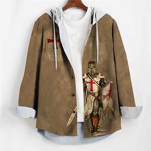 

Men's Shirt Templar Cross Graphic Prints Hooded Brown Khaki Outdoor Street Long Sleeve Print Clothing Apparel Fashion Designer Casual Soft