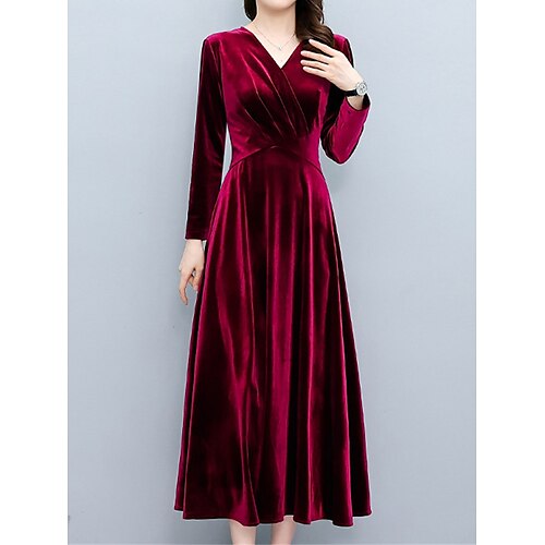 

Women's Party Dress Wedding Guest Dress Velvet Dress Swing Dress Midi Dress Red Dark Blue Long Sleeve Pure Color Ruched Winter Fall Spring V Neck Fashion Party Evening Party 2023 M L XL XXL 3XL 4XL