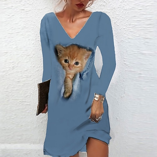 

Women's Casual Dress T Shirt Dress Tee Dress Shift Dress Mini Dress Blue Green Gray Long Sleeve Animal Pocket Winter Fall Spring V Neck Fashion Daily 2023 S M L XL XXL 3XL