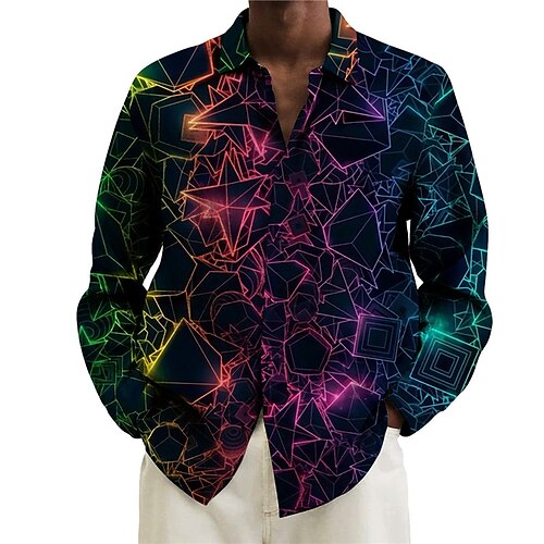 

Men's Shirt Abstract Graphic Prints Geometry Turndown Rainbow Gray Outdoor Street Long Sleeve Button-Down Print Clothing Apparel Fashion Designer Casual Soft