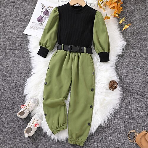 

2 deler Baby Jente Helfarge Crewneck Tøysett Sett Langermet Mote Avslappet 3-7 år Vinter Militærgrønn