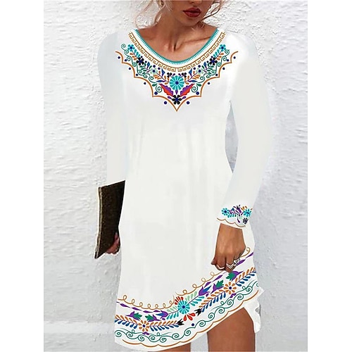 

Mulheres Vestido casual Vestido de turno Minivestido Branco Vermelho Manga Longa Flor Imprimir Inverno Outono Primavera Gola Redonda Moda Ajuste Largo 2023 S M L XL XXL 3XL