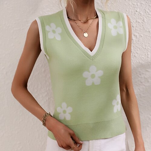 

Dame Genser vest Jumper Heklet Strikke Blomster Geometrisk V-hals Gammeldags stil Fritid Daglig Ferie Vår Sommer Lyseblå Hudpulver S M L