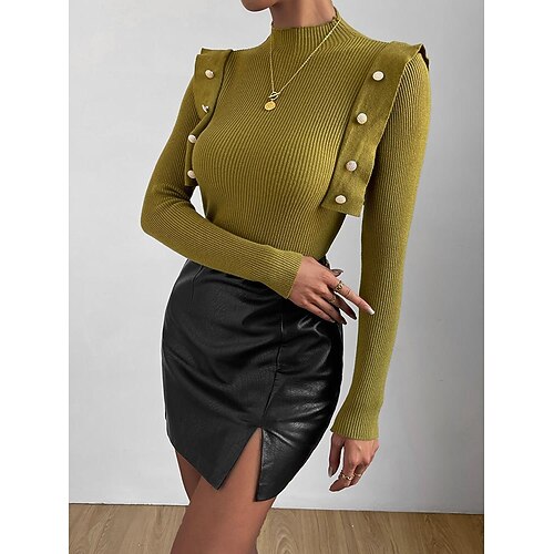 

Women's Shirt Blouse ArmyGreen Plain Button Crochet Long Sleeve Casual Basic High Neck Regular S