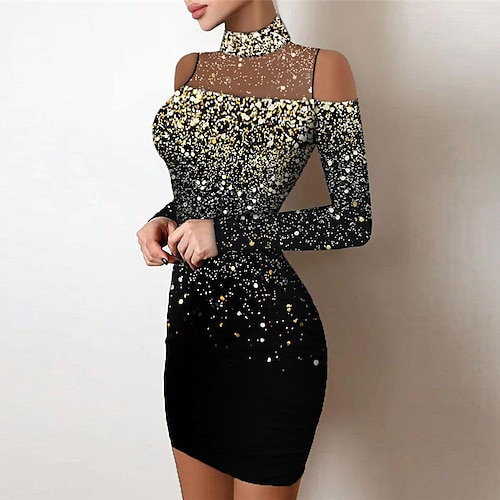 

Women's Party Dress Bodycon Sheath Dress Midi Dress Black Long Sleeve Ombre Mesh Winter Fall Spring Stand Collar Fashion Party Slim 2023 S M L XL